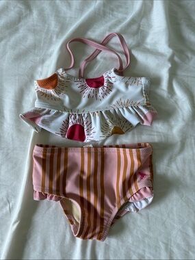 Pink Chicken Girls Two-Piece Swimsuit - Pink, White & Mustard 6-12mo